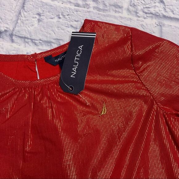 NEW Nautica Blouse, Flare Bell Sleeve, Red/Metallic Gold Stripes - Picture 3 of 10